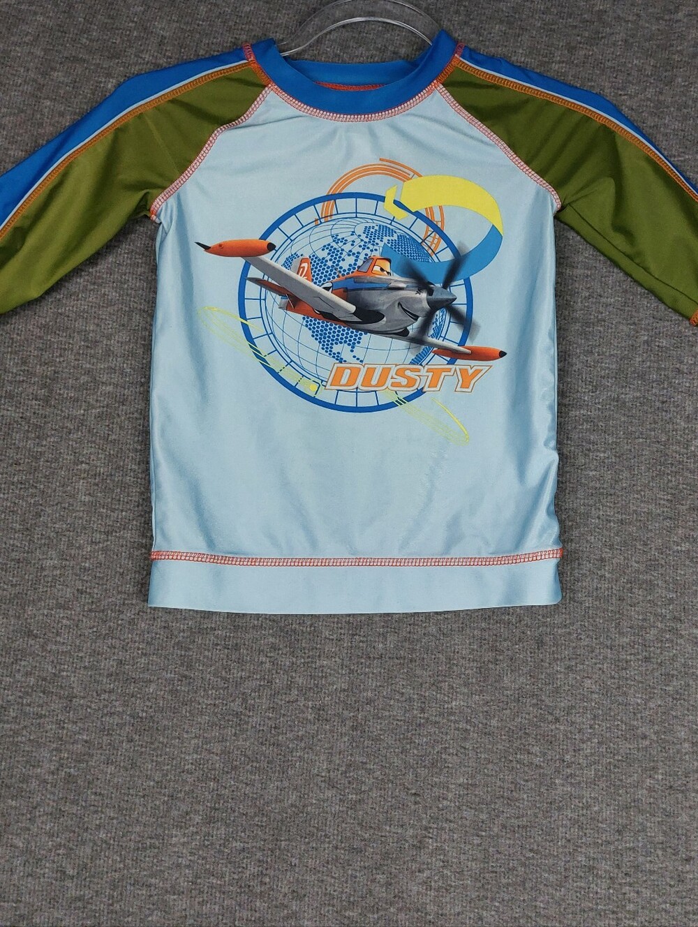 DISNEY STORE PLANES DUSTY CROPHOPPER BOYS BLUE 1/2 SLEEVE RASH GUARD SWIM TOP 7
